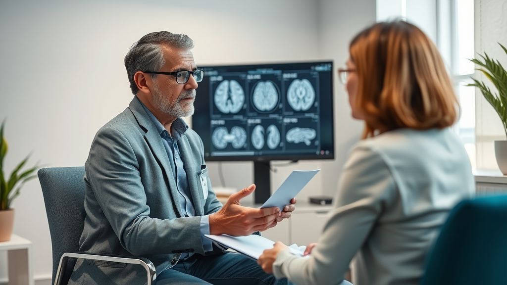 Clinical hypnosis research in a modern psychologist’s office. Neuroscientist and patient discuss brain scan findings related to the latest research in hypnosis.