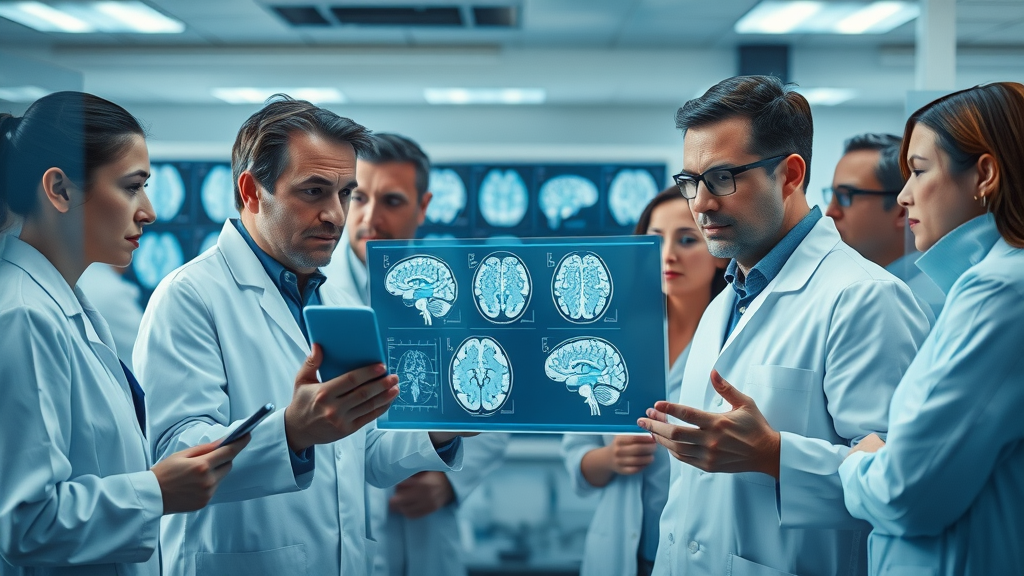 Neuroscientists collaborating on digital brain scans to discuss latest research in hypnosis and its clinical applications.
