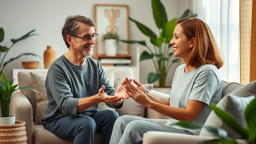 Behavioral therapy session integrating clinical hypnosis. Therapist and client in a welcoming room; part of latest research in hypnosis.