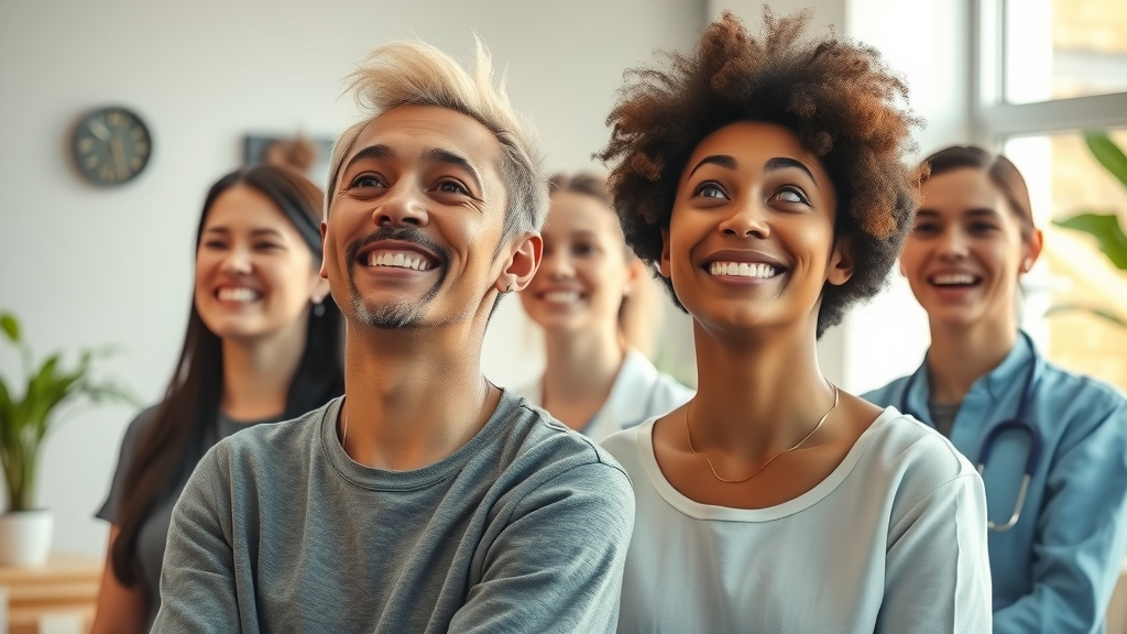 Mental health improvements after clinical hypnosis. Diverse patients and supportive clinicians, highlighting success in latest research in hypnosis.