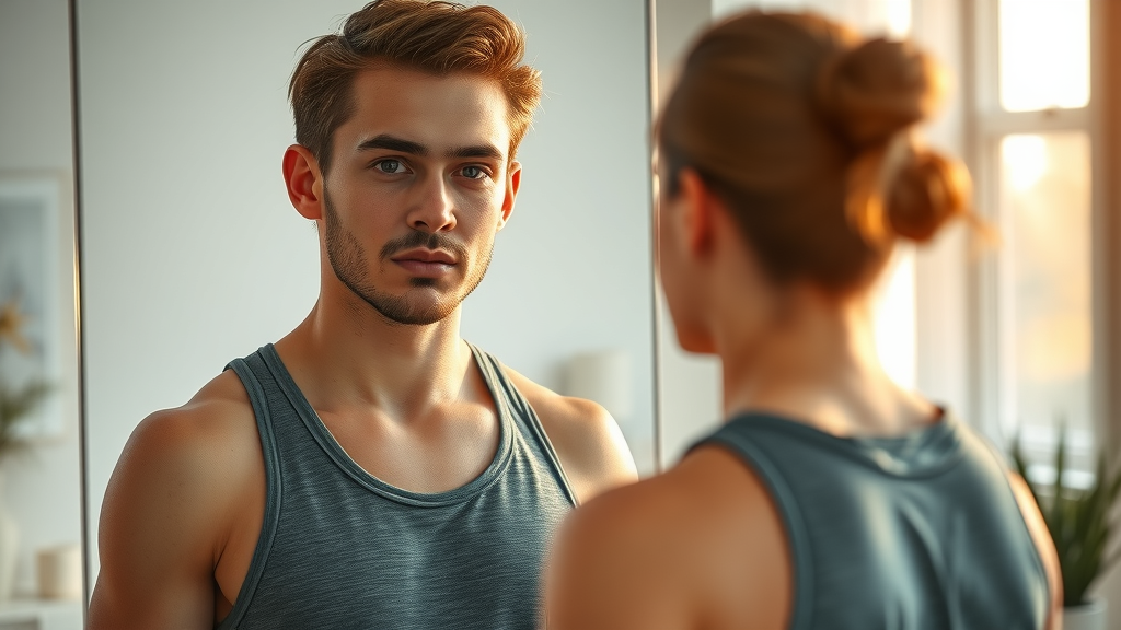motivated individual self-reflecting before mirror as part of hypnosis for weight loss journey