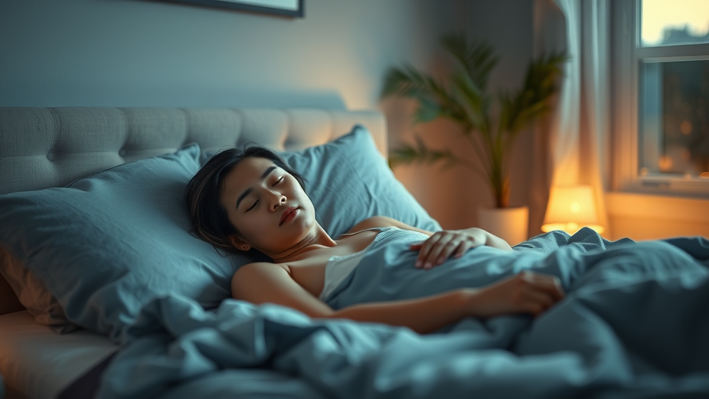 Calming bedroom interior showing a restful person practicing hypnosis for better sleep, surrounded by peaceful, serene decor and gentle lighting.