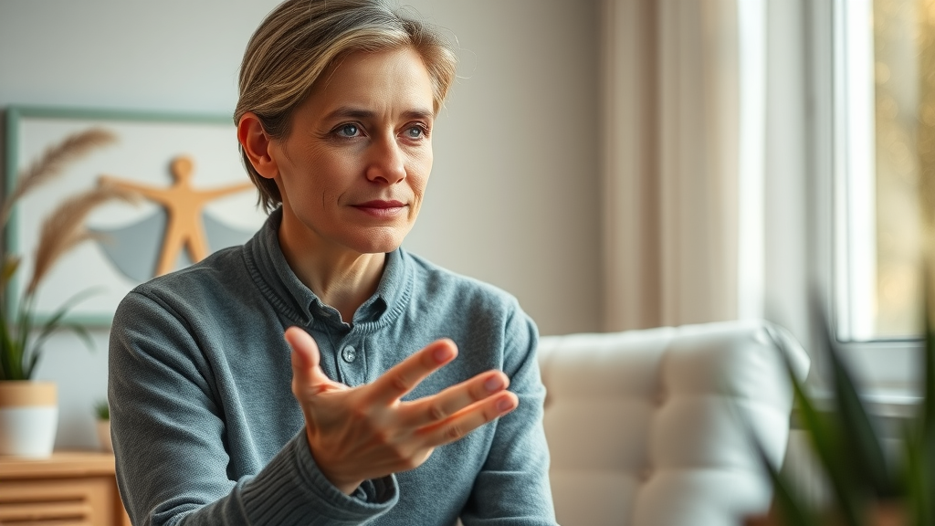 Hypnotherapist with gentle focus guiding a patient through sleep hypnosis in a peaceful therapy environment, focusing on mental health and relaxation.