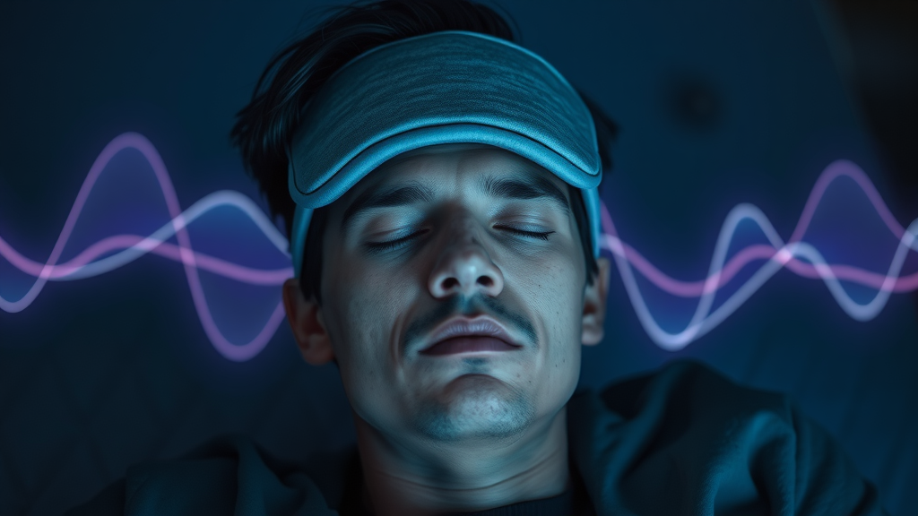 Sleep hypnosis brainwave visualization with deep blue and lavender patterns reflecting deep sleep and improved sleep quality through hypnosis for better sleep.