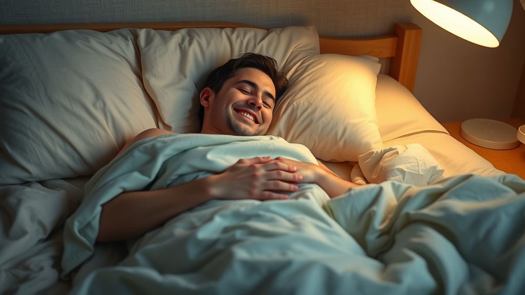 Restful adult experiencing content, peaceful sleep after practicing sleep hypnosis for insomnia and improved sleep quality.