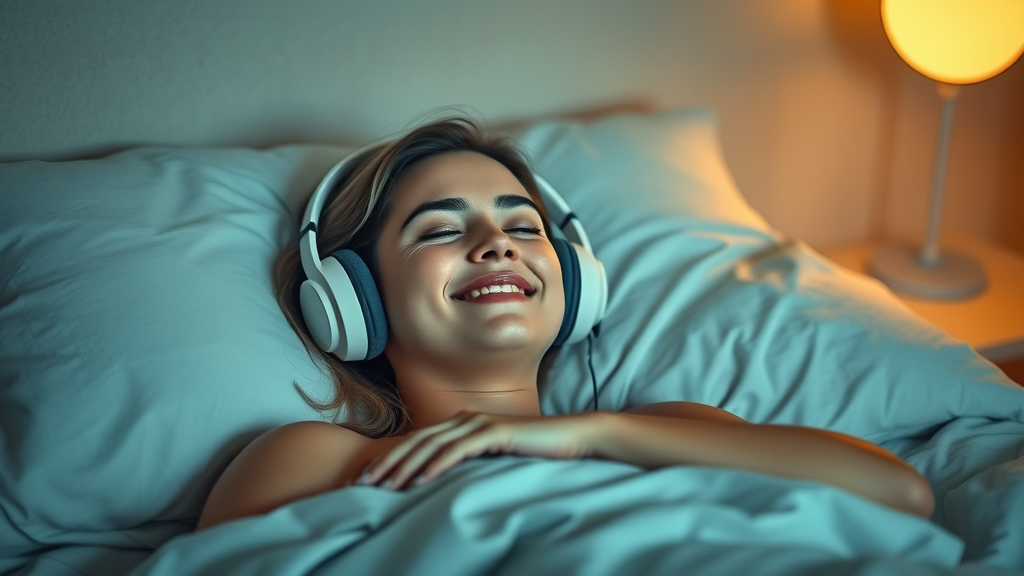 Person enjoying guided sleep hypnosis with nature sounds in a cozy bedroom, using headphones for a restful sleep experience.