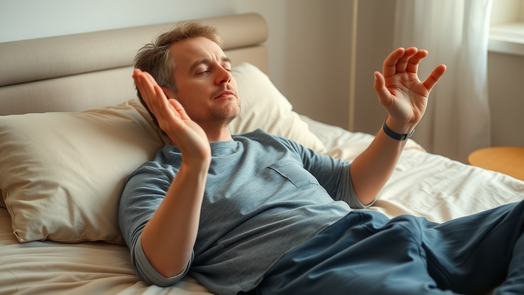 Person practicing progressive muscle relaxation hypnosis technique for better sleep, lying comfortably in bed with a peaceful expression.