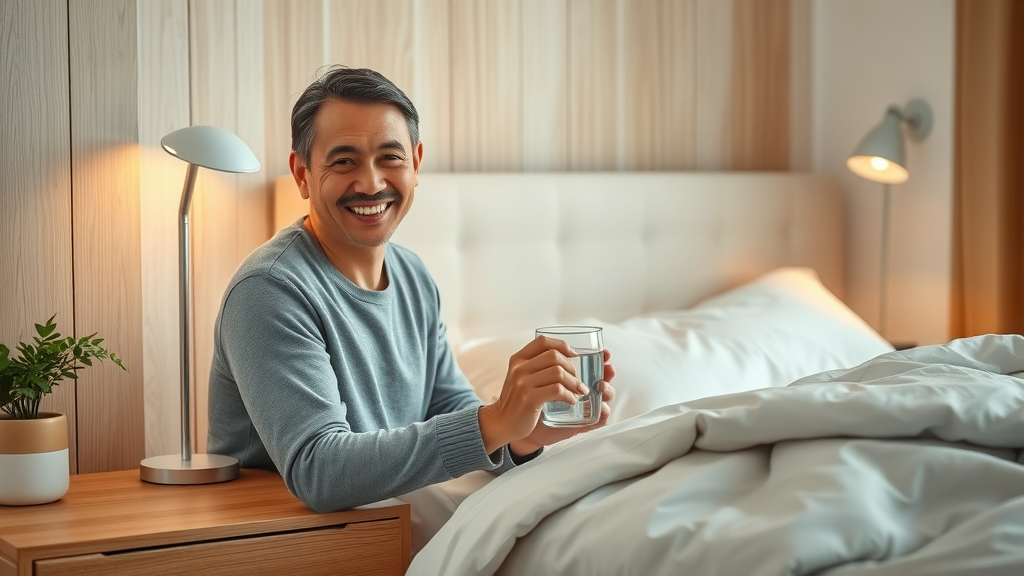 Person preparing a healthy bedtime routine to support sleep hygiene and hypnosis for better sleep, arranging lamp and glass of water beside a tidy bed.