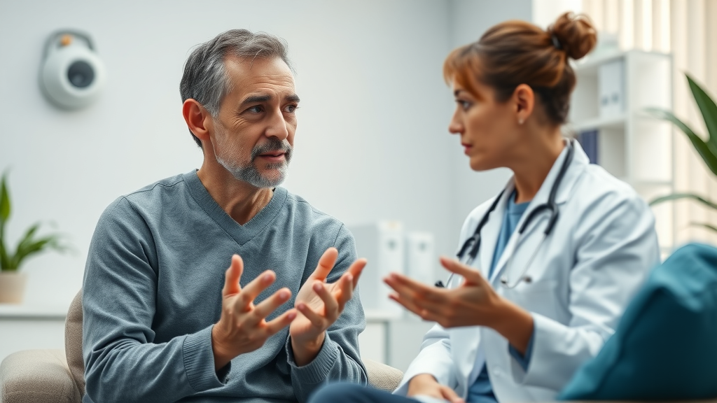 Concerned individual and doctor discussing the safety and suitability of sleep hypnosis for better sleep in a clinical office setting.