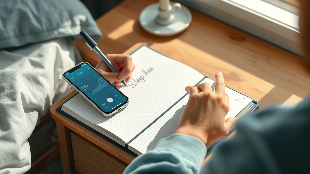 Person keeping a sleep journal and tracking progress with a smartphone app as part of daily hypnosis for better sleep routine.