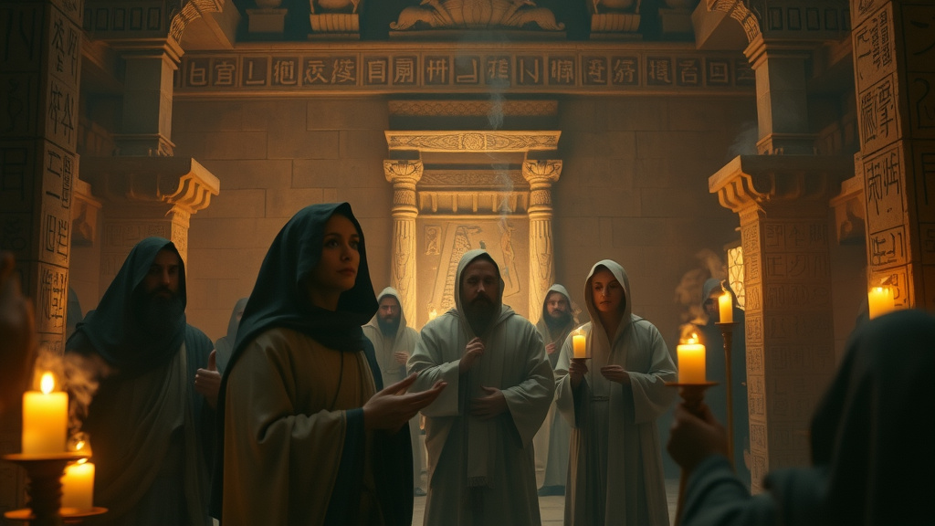 spiritual practices in history of hypnosis - ancient priests guiding trance ritual in candlelit stone temple