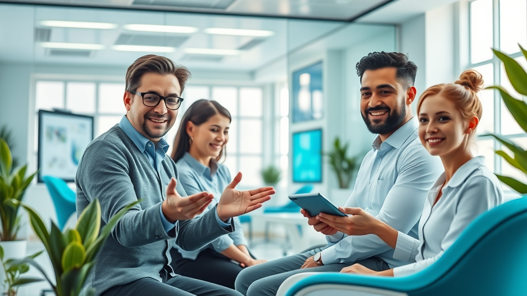 future of hypnosis - modern therapy office with digital tools and diverse clients engaging in clinical hypnosis