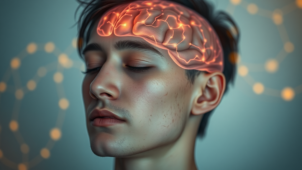 hypnosis benefits brain, serene expression, clinical hypnosis, photorealistic image of calm human brain with neural connections, tranquil person with closed eyes, subtle pastel hues, soft ambient lighting