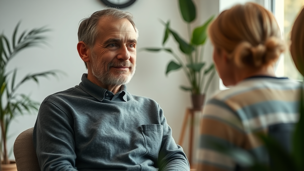 relaxed client in hypnosis session, clinical hypnosis, modern office, therapist guiding client, calm atmosphere, soft lighting