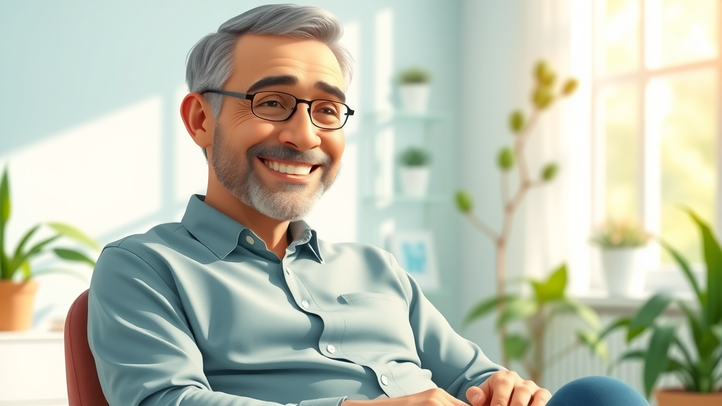 middle-aged man experiencing benefits of hypnosis, relaxed post-hypnosis, therapist office, mental health improvement, relief from health conditions, daylight, greenery