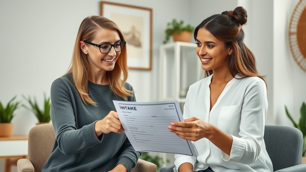 therapist and client during intake for first hypnosis session, consultation in modern clinic, supportive atmosphere, benefits of hypnosis, calm environment