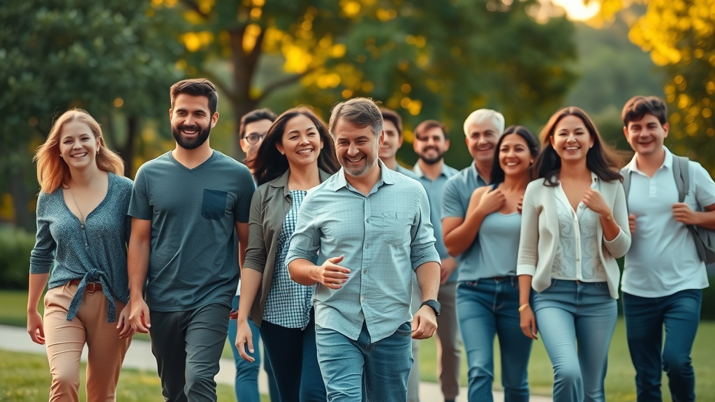diverse group experiencing benefits of hypnosis, confident body language, park, sunlight, mental health, positive change, resilience, golden hour