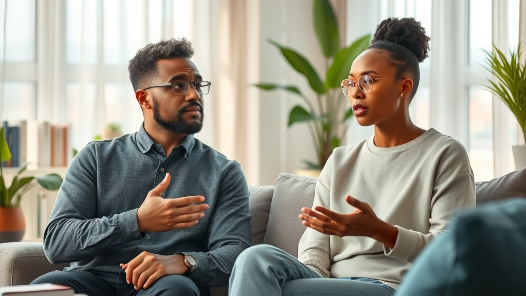 Two adults discussing hypnosis vs meditation. Serene, professional setting in a cozy, modern living room, styled with books and plants, and gentle earth tones.