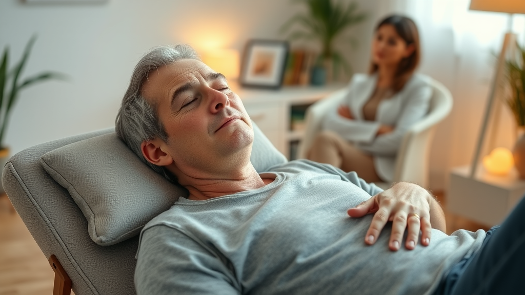 Adult undergoing hypnosis session—calm, eyes closed, in a tranquil therapist
