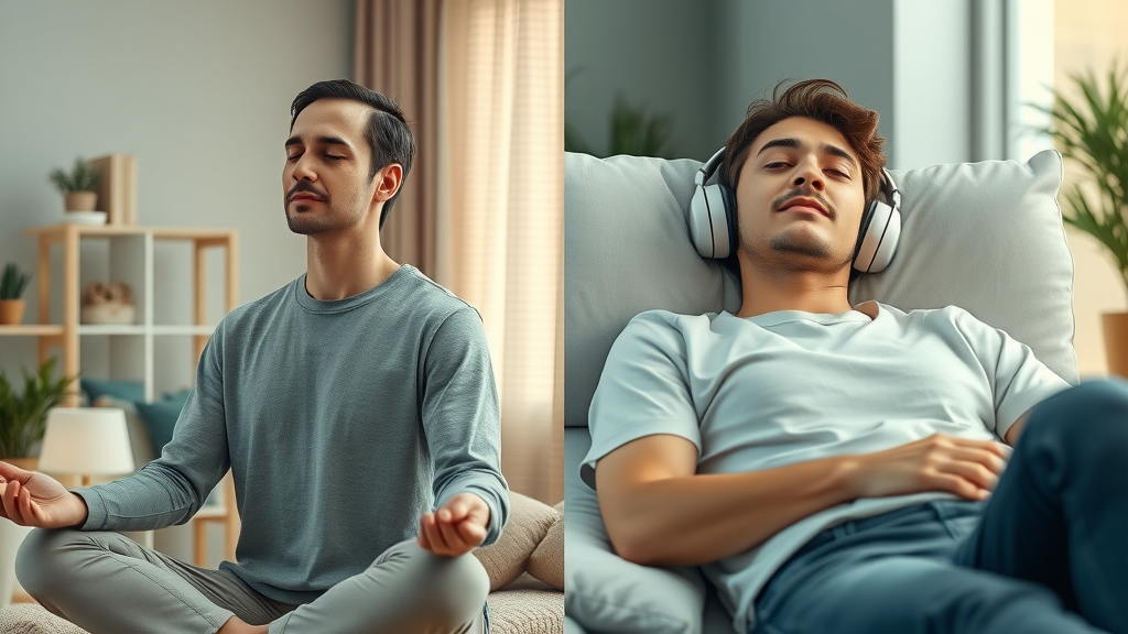 Split scene of person meditating upright and person reclining in hypnosis; meditative calm and hypnotic focus, in peaceful home and office settings.