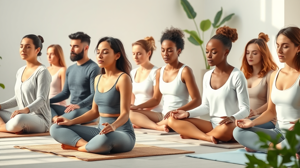 Group of adults meditating and relaxing; multicultural, seated on mats with relaxed postures, in a minimalist, sunlit studio with greenery.