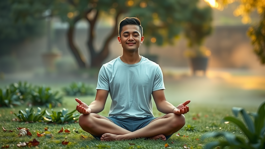 Young adult practicing transcendental meditation outdoors—serene, cross-legged, in a misty garden, surrounded by nature.