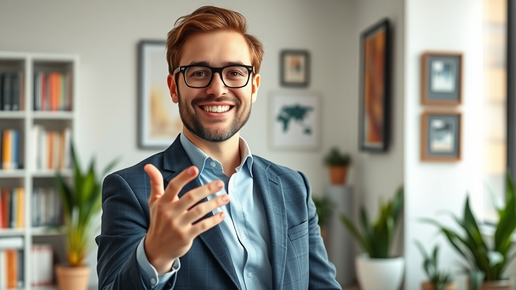 Expert psychologist in modern office, gesturing warmly, with books and plants in the background.