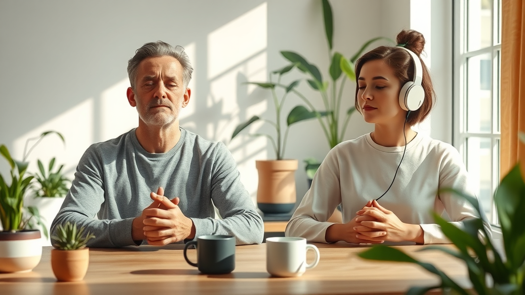 Two people at table, one meditating, one listening to hypnosis. Expressions of focus and tranquility, sunlit home office, plants and mugs.