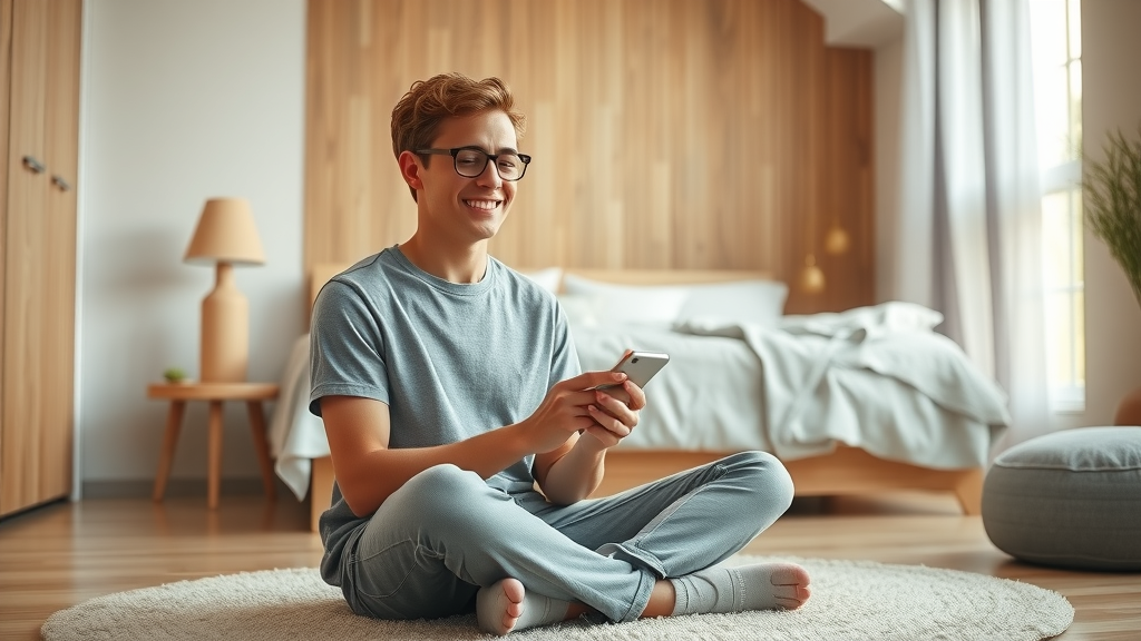 Friendly young adult using a meditation app on a smartphone; cross-legged, relaxed and cheerful in a tidy bedroom.