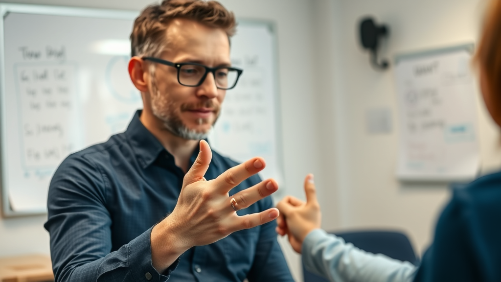 Therapist demonstrating anchoring steps: anchoring in hypnosis how it shapes the mind, engaging photorealistic, step-by-step process, modern classroom, detailed hand movements