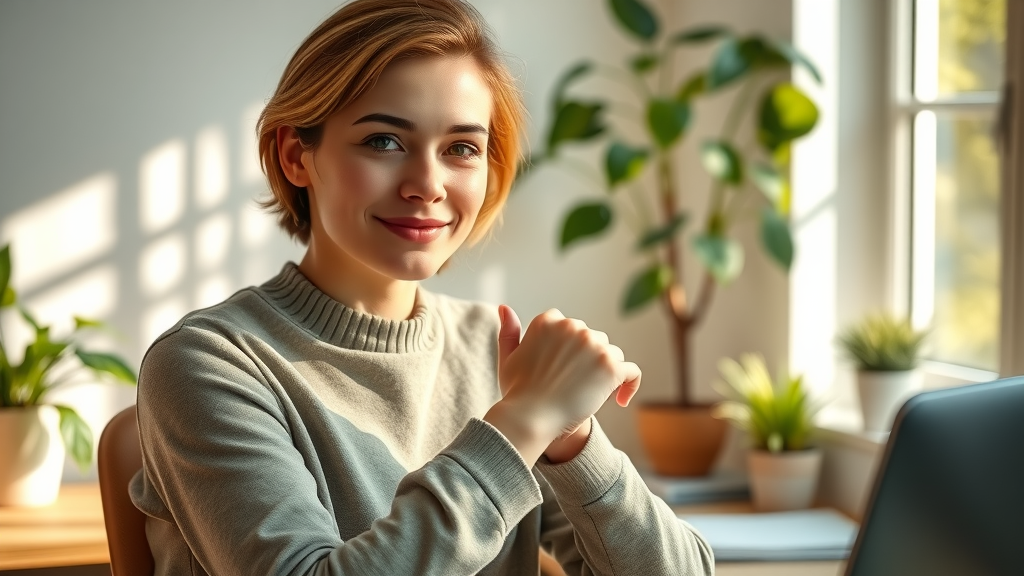 Confident individual practicing self-anchoring: anchoring in hypnosis how it shapes the mind, touching wristband, cozy home office setting, natural morning light, photorealistic detail