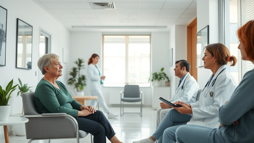 clinical hypnosis medical clinic interior with patients and doctors in calm conversation, bright, clean office