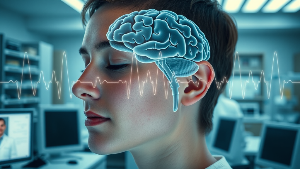 brain waves overlaid on serene patient profile demonstrating hypnosis, scientific and clinical medical hypnosis visualization