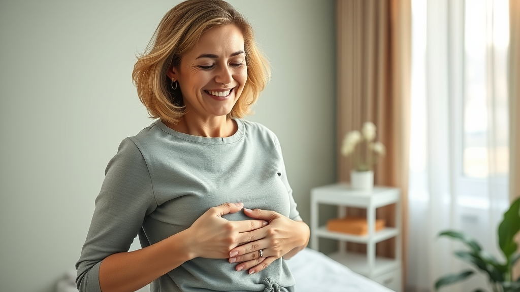 relieved adult woman after successful clinical hypnosis session for IBS, calm therapy office