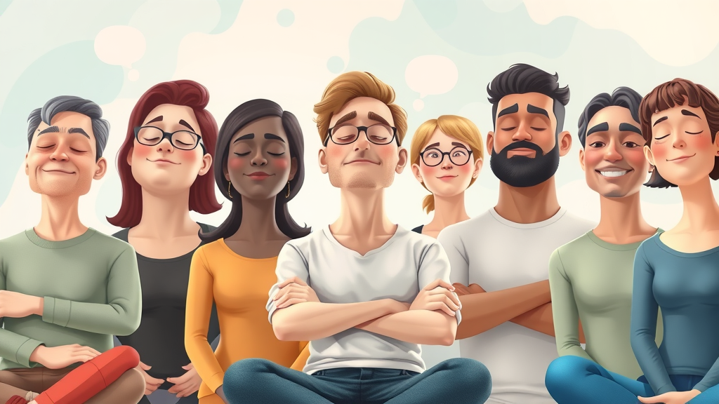 diverse group of adults experiencing guided clinical hypnosis mind body connection cartoon pastel