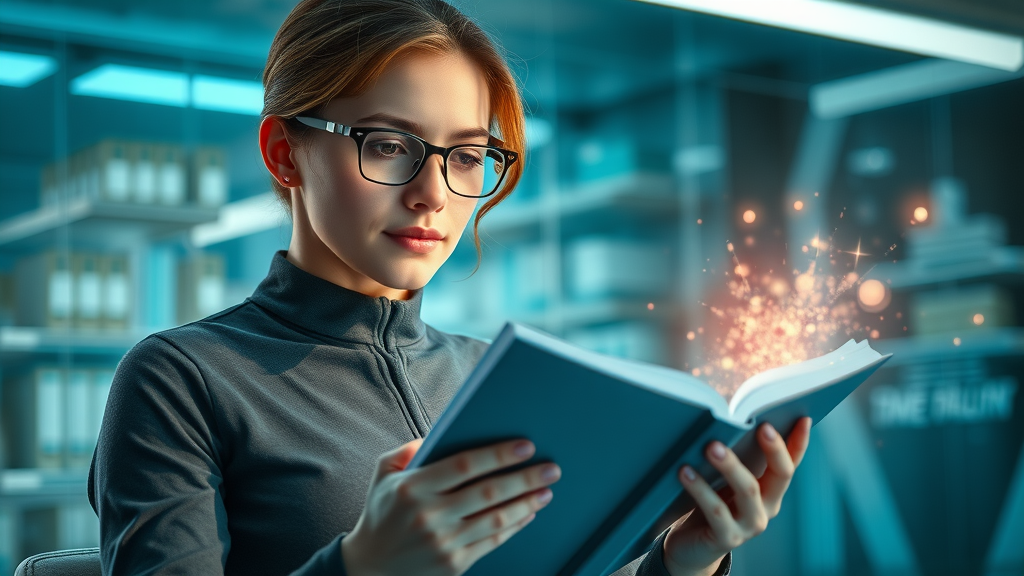 motivated reader taking notes about clinical hypnosis futuristic interface benefits glowing teal