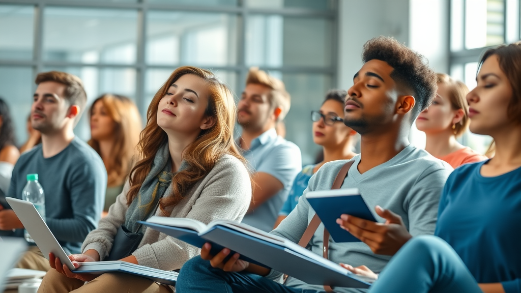 Engaged diverse college students focused on relaxation techniques for hypnosis for academic success in a modern study lounge, well-lit and surrounded by educational props.