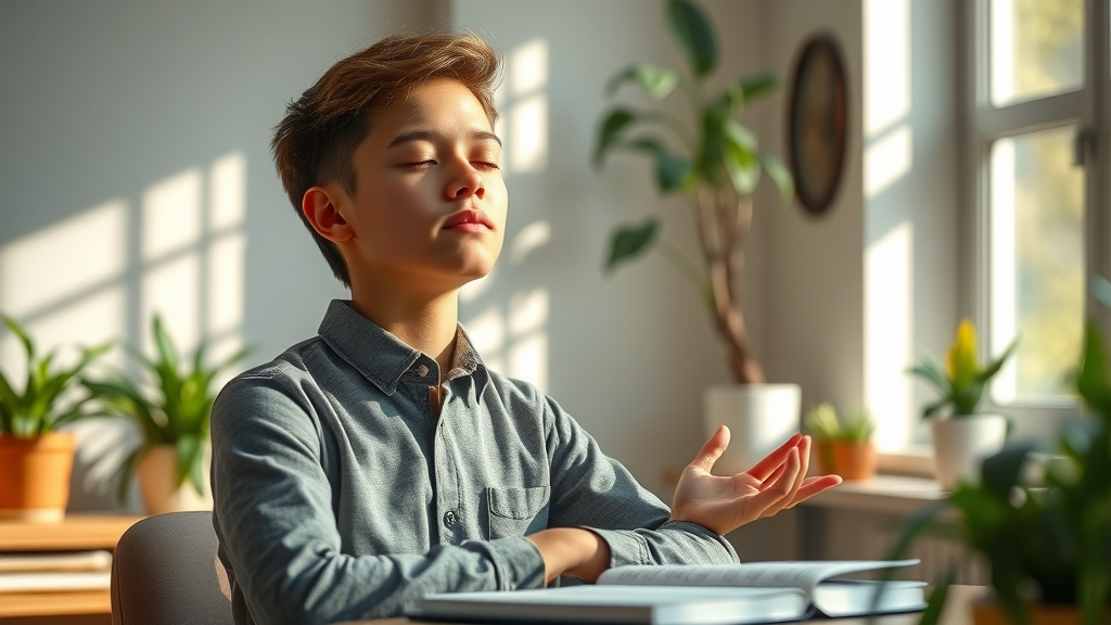 Confident student practicing hypnosis for academic success, serene and focused in a peaceful study room, surrounded by books and natural light.