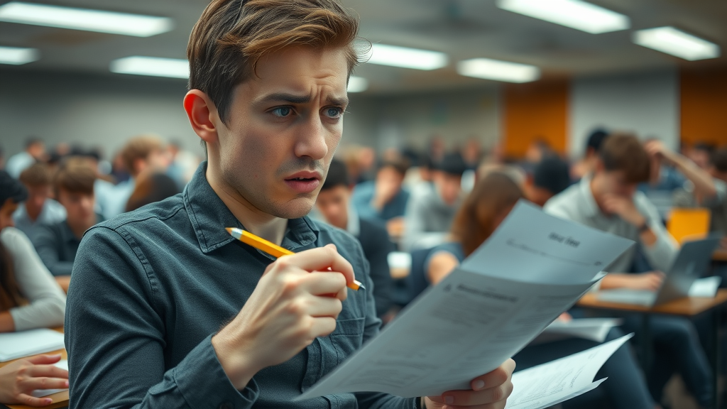 Stressed student experiencing test anxiety before an academic exam, visibly anxious while surrounded by exam papers in a crowded hall.
