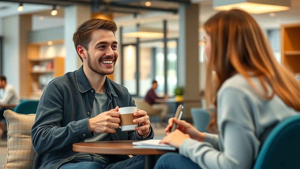 College student enthusiastically sharing her positive experience with hypnosis for academic success in a friendly campus cafe.