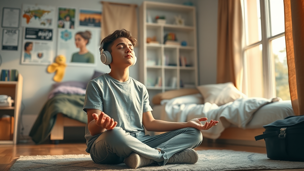 Focused student using visualization and self-hypnosis for academic success, calm and hopeful, in a cozy well-lit dorm environment.