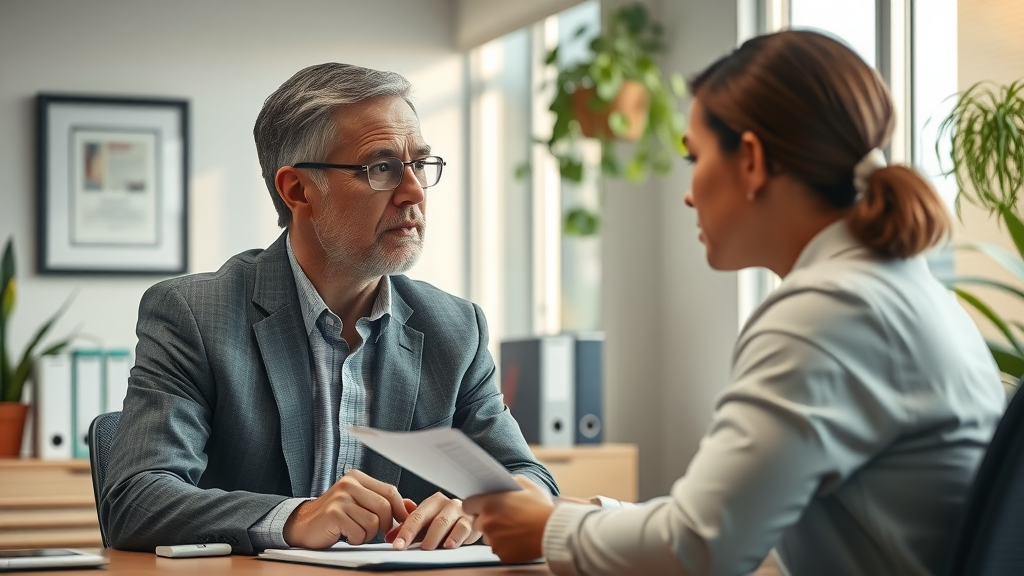 Pensive college advisor discussing ethics of hypnosis for academic success with a thoughtful student in a professional university counseling center.