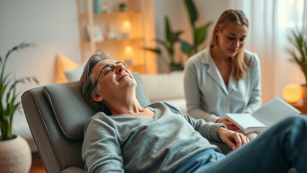 hypnosis sessions in a serene therapy room with hypnotherapist guiding a relaxed client, soft lighting, peaceful setting