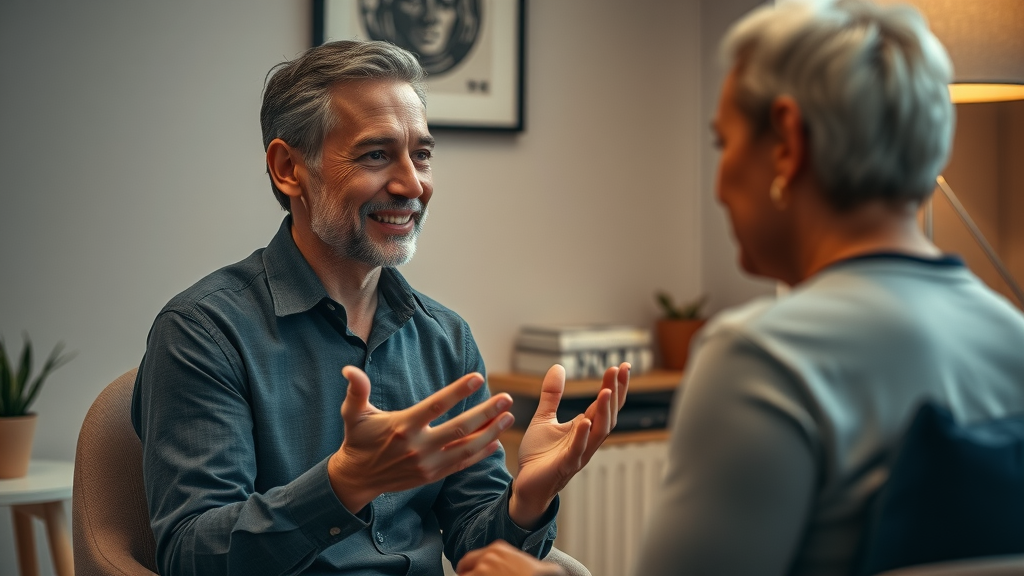 professional hypnotherapist guiding a relaxed client in a cozy, decorated therapy room, clear hand gestures and tranquil atmosphere during hypnosis session