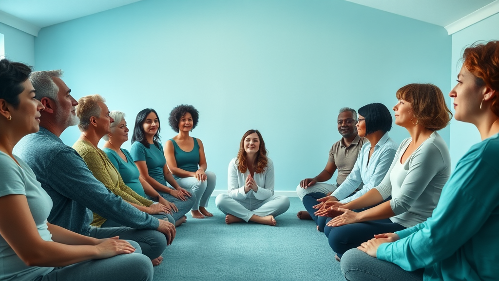 group hypnosis sessions with a diverse group participating in a tranquil studio, engaged and relaxed, with hypnotherapist leading, harmonious atmosphere