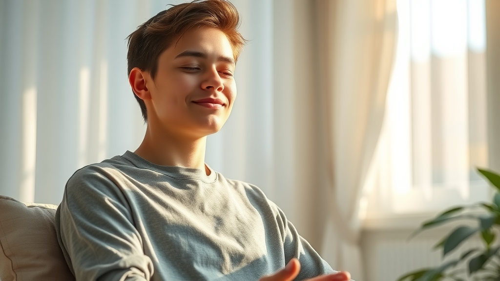young adult with serene expression meditating, comfortable in a bright home setting during hypnosis session for stress and anxiety
