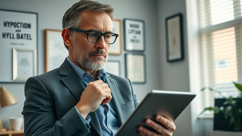 mid-aged professional considering hypnotherapy information on tablet, confident and thoughtful, in a modern office with motivational décor