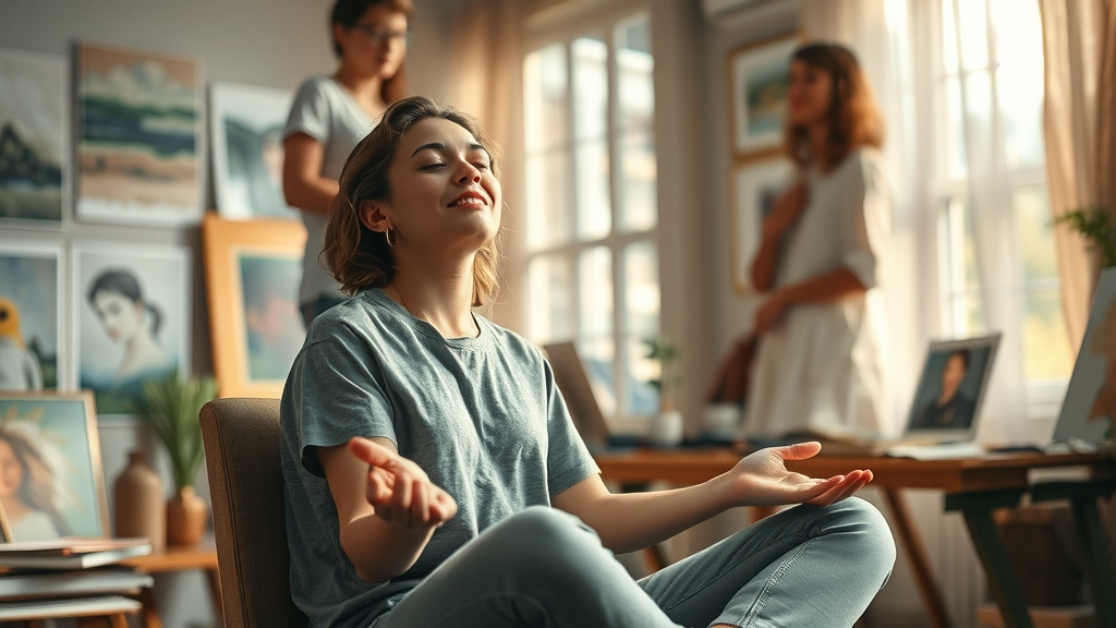 Artist in a relaxed, meditative state following a hypnosis session to overcome creative mental blocks and enhance creativity.