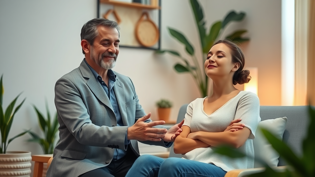 Tranquil hypnosis session focused on enhancing creativity and innovation, with a hypnotherapist guiding a client in a safe, relaxed state.