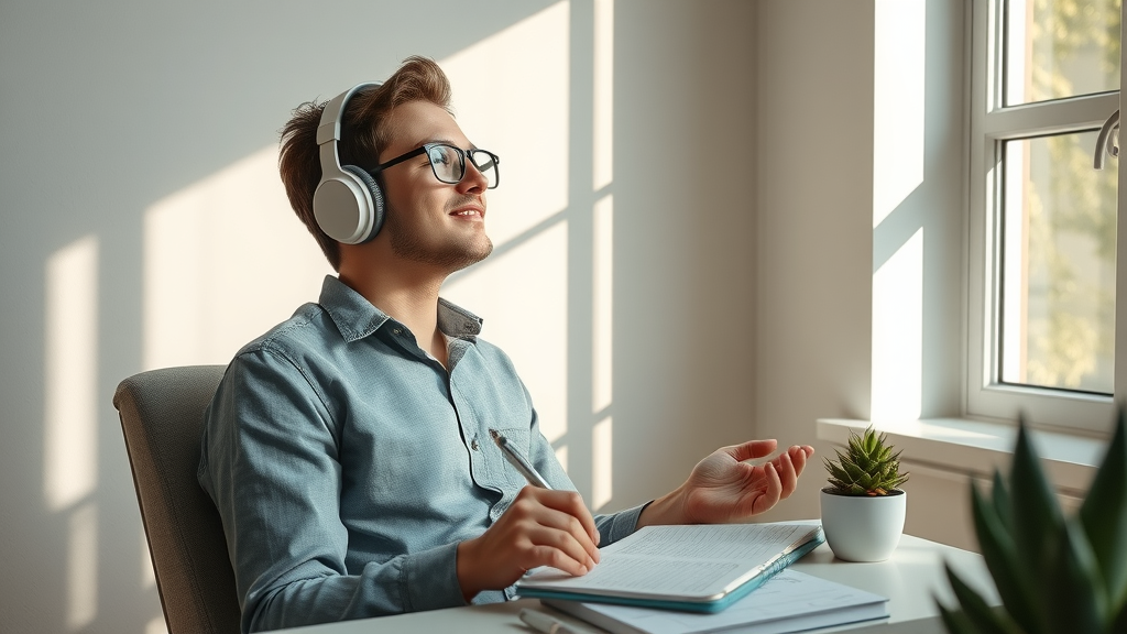 Young professional using audio hypnosis and visualization techniques to boost creativity and innovation at home.